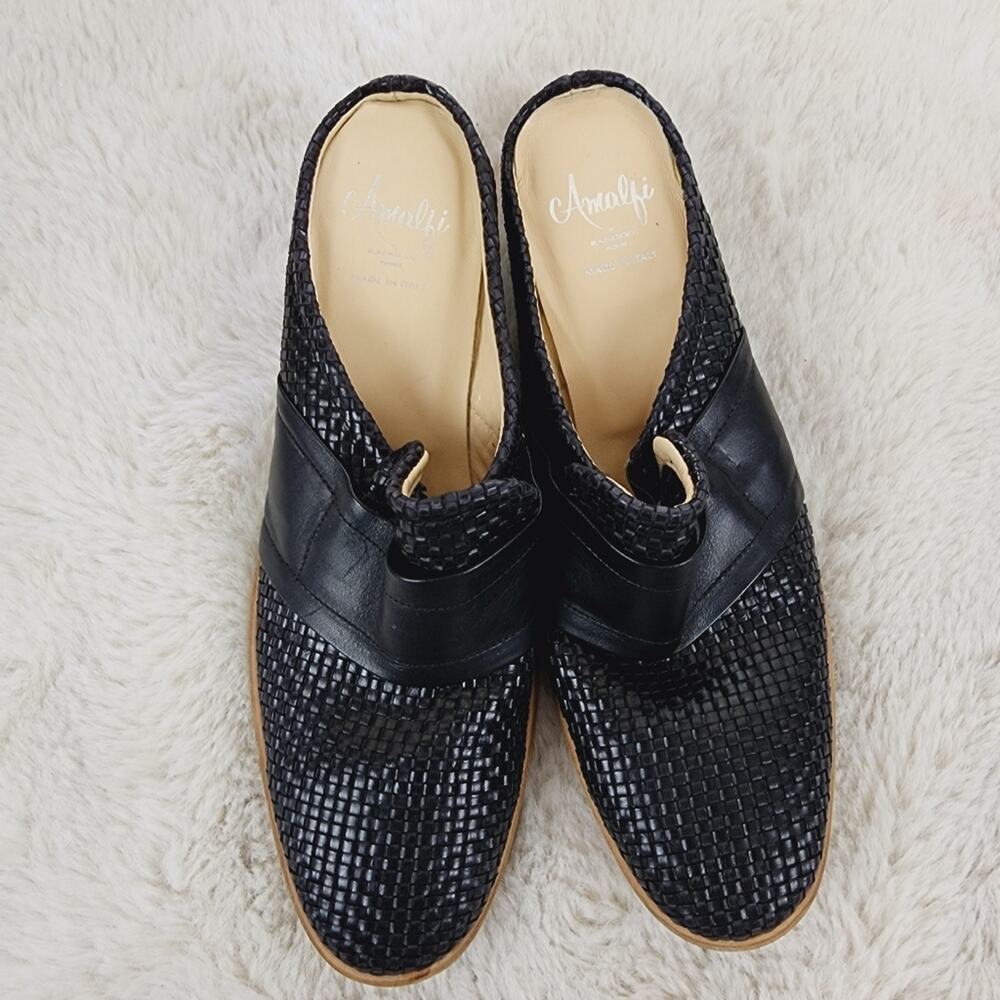Amalfi by Rangoni Black Woven Leather Heeled Mules - 9 Made in Italy Block Heel - Picture 2 of 8